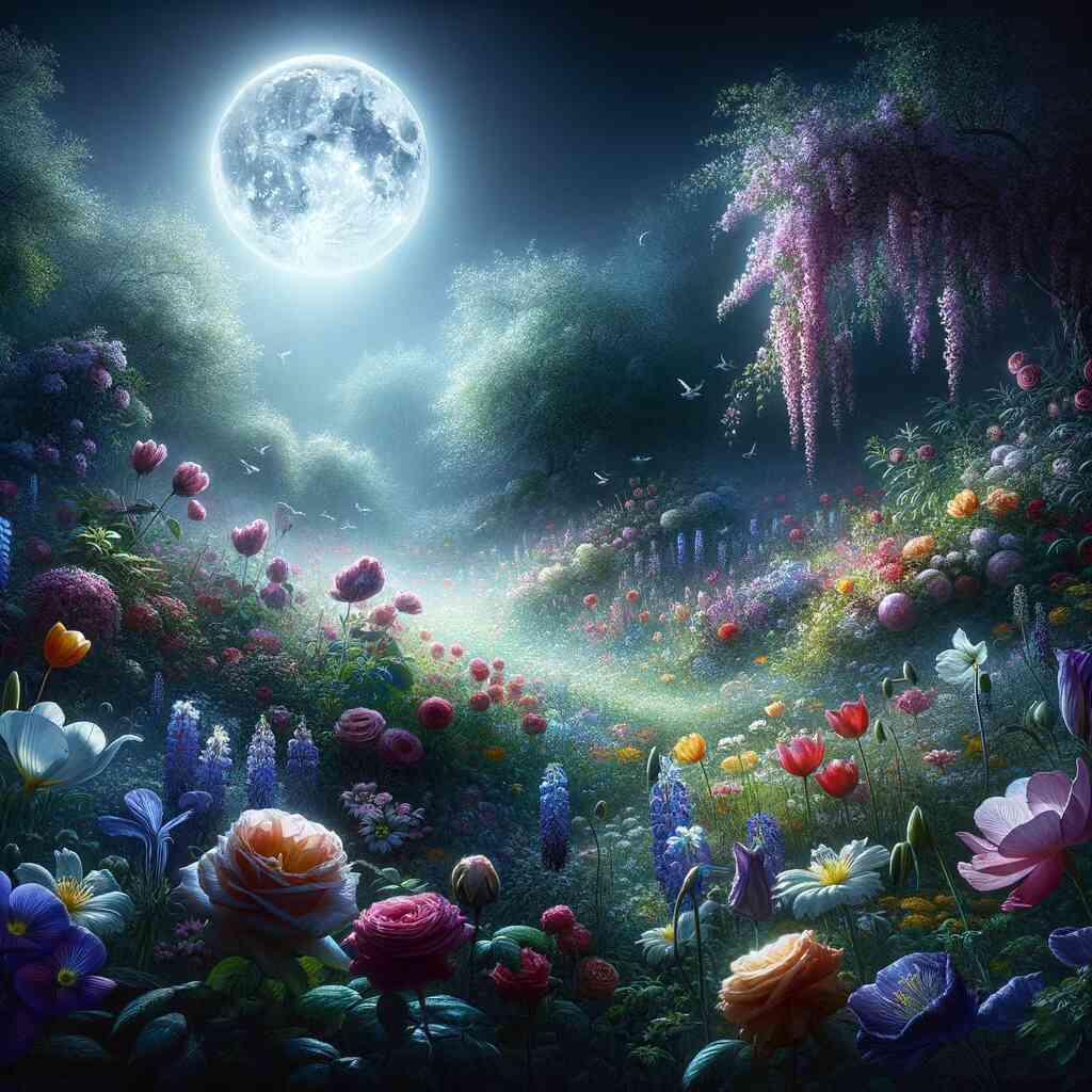 Illuminated moonlit garden with colorful blooming flowers and lush foliage, creating a serene and enchanting nighttime scene.