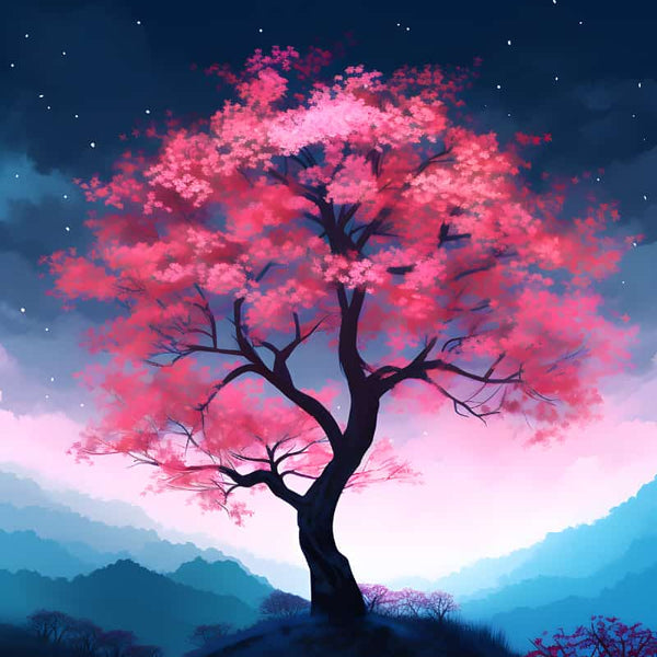 Malen nach Zahlen - Japanischer Baum, beruhigendes Kunstwerk eines leuchtenden rosa Baumes vor nächtlicher Landschaft