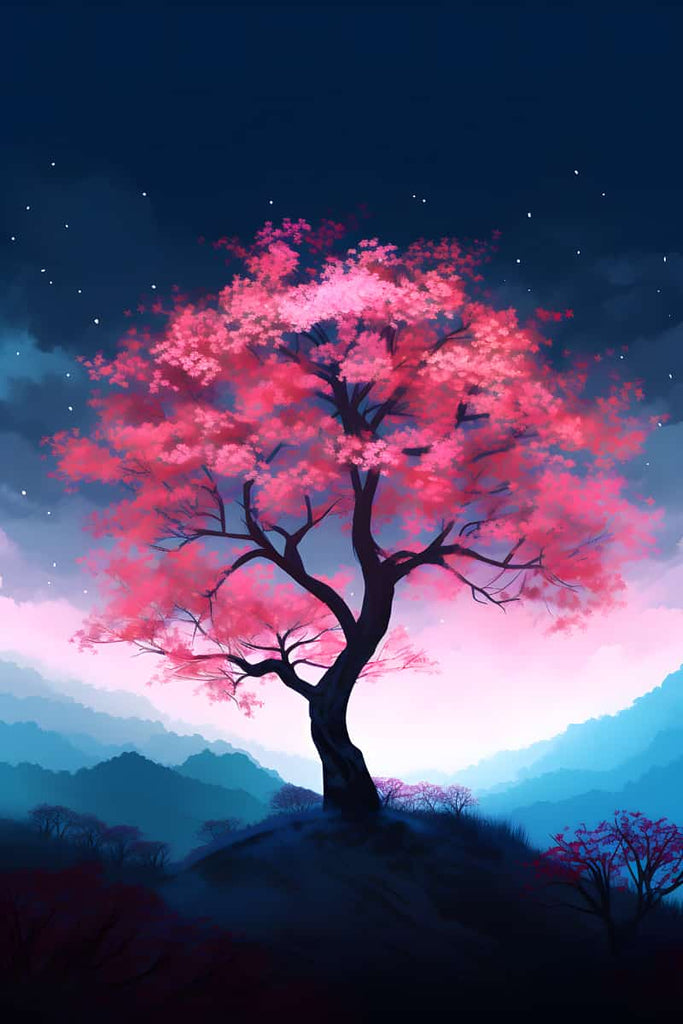 Diamond Painting - Japanischer Baum mit beeindruckenden rosa Blüten vor einem nächtlichen Himmel und mystischen Bergen im Hintergrund