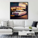 Living room with a 1950s gas station painting on the wall, showcasing a vintage car and retro vibes.