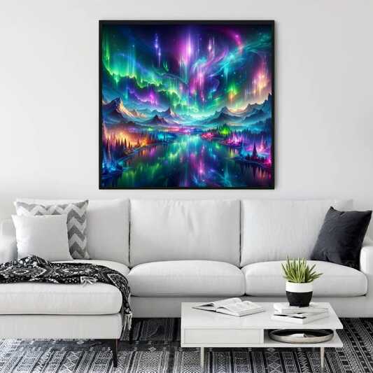 "Malen nach Zahlen - Kosmisches Wunder Gemälde an der Wand über einem weißen Sofa im modernen Wohnzimmer"