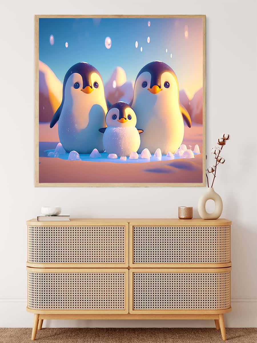 Malen nach Zahlen Pinguinfamilie Wandkunst über einer Kommode in einem modernen Wohnzimmer