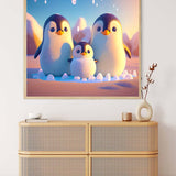 Malen nach Zahlen Pinguinfamilie Wandkunst über einer Kommode in einem modernen Wohnzimmer