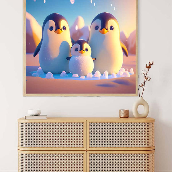 Malen nach Zahlen Pinguinfamilie Wandkunst über einer Kommode in einem modernen Wohnzimmer