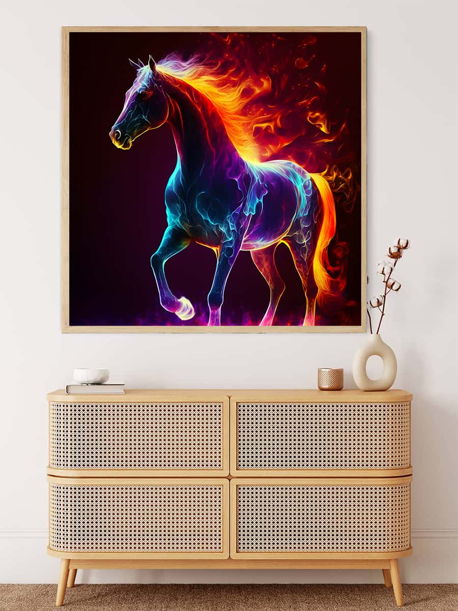 Bright and colorful painting of a fantastical horse with fiery mane, perfect for a relaxing paint-by-numbers project.