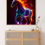 Bright and colorful painting of a fantastical horse with fiery mane, perfect for a relaxing paint-by-numbers project.
