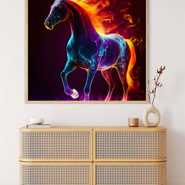 Bright and colorful painting of a fantastical horse with fiery mane, perfect for a relaxing paint-by-numbers project.
