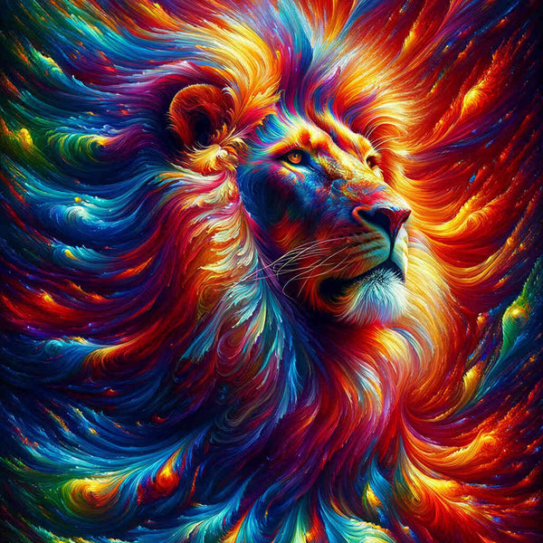 Lebhaftes Malen nach Zahlen Löwenbild im modernen expressionistischen Stil mit purpurroten, tiefblauen und smaragdgrünen Farben.