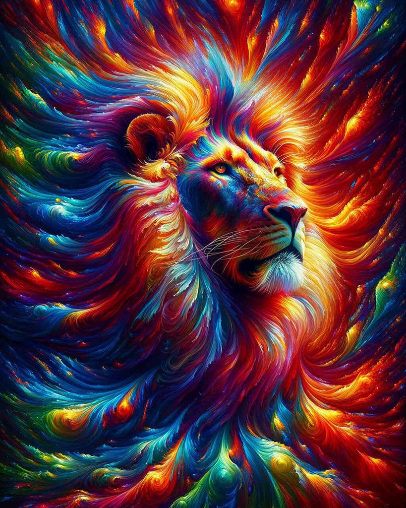 Lebhaftes Malen nach Zahlen Löwenbild im modernen expressionistischen Stil mit purpurroten, tiefblauen und smaragdgrünen Farben.