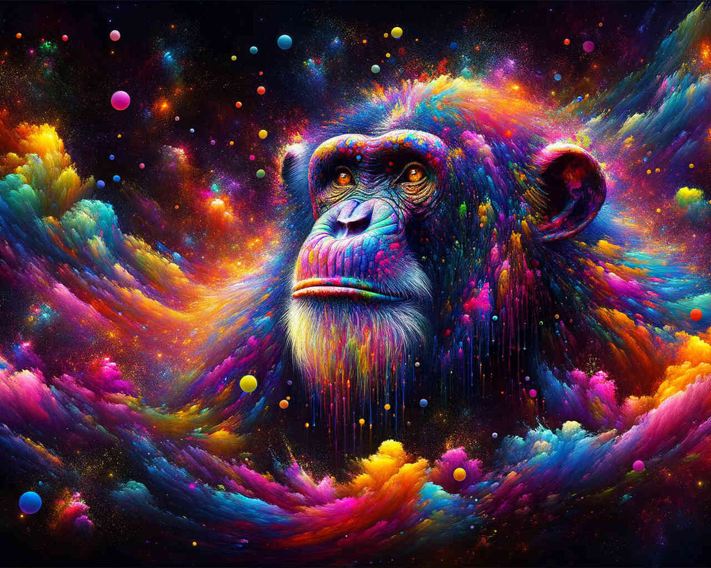 Malen nach Zahlen - Schimpanse mit buntem Fell auf dunklem Hintergrund