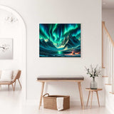 Diamond painting of green polar lights and snow-covered mountains with a warm cabin, displayed in a modern living room.