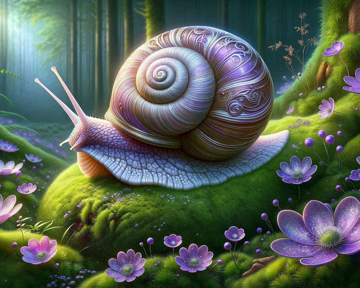 Realistic Waldschnecke with spiral shell on moss, surrounded by purple flowers in a magical forest scene.