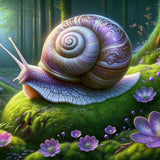 Realistic Waldschnecke with spiral shell on moss, surrounded by purple flowers in a magical forest scene.