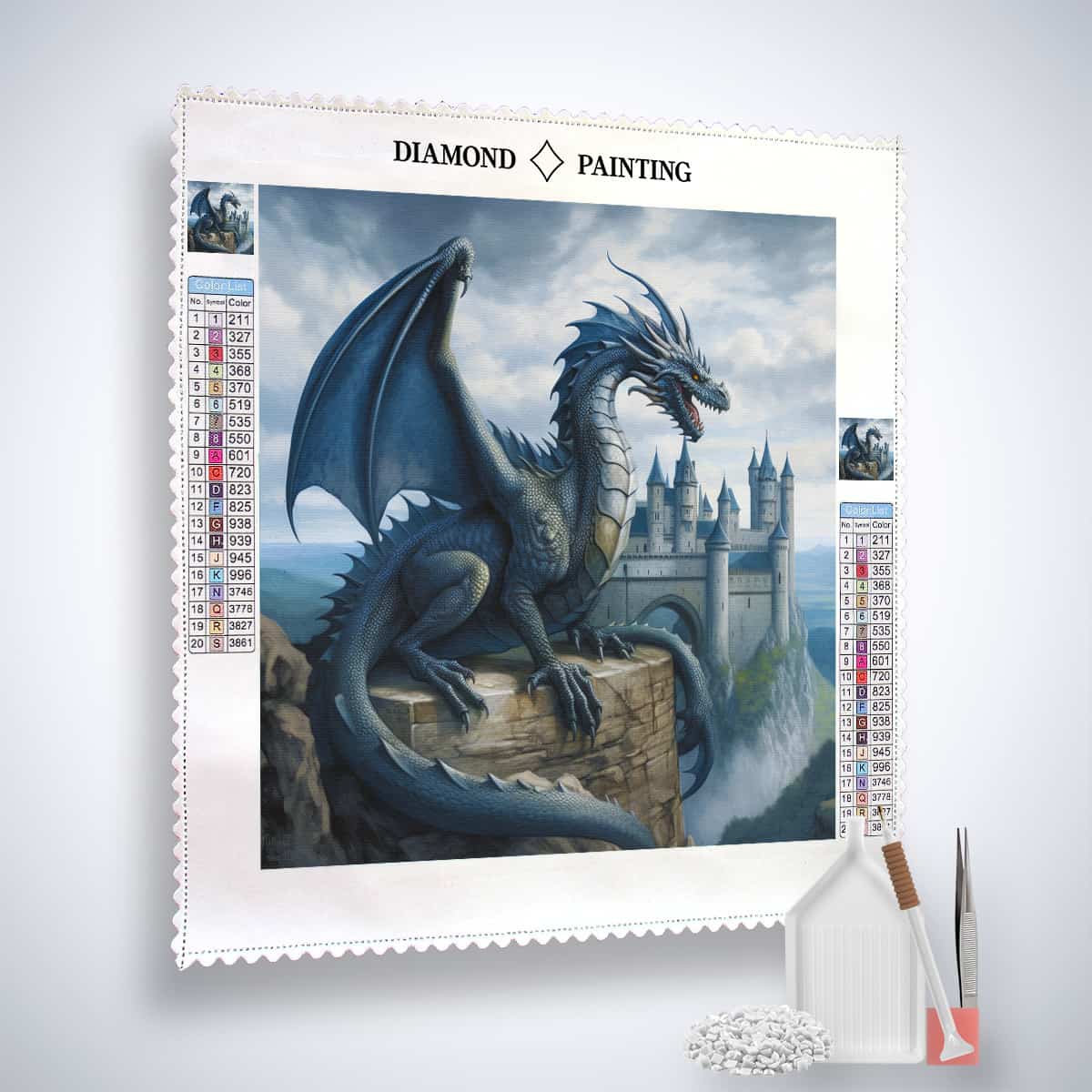 Diamond Painting Kit - Flügel der Nacht with a dragon motif and castle background, includes canvas, acrylic diamonds, tweezers, and setzstift