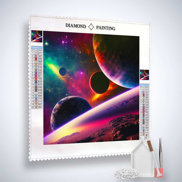 Diamond Painting Kit Milchstraßenreise – Leinwand mit buntem Weltraummotiv, Acryl-Diamanten, Pinzette, Setzstift und Organizer.