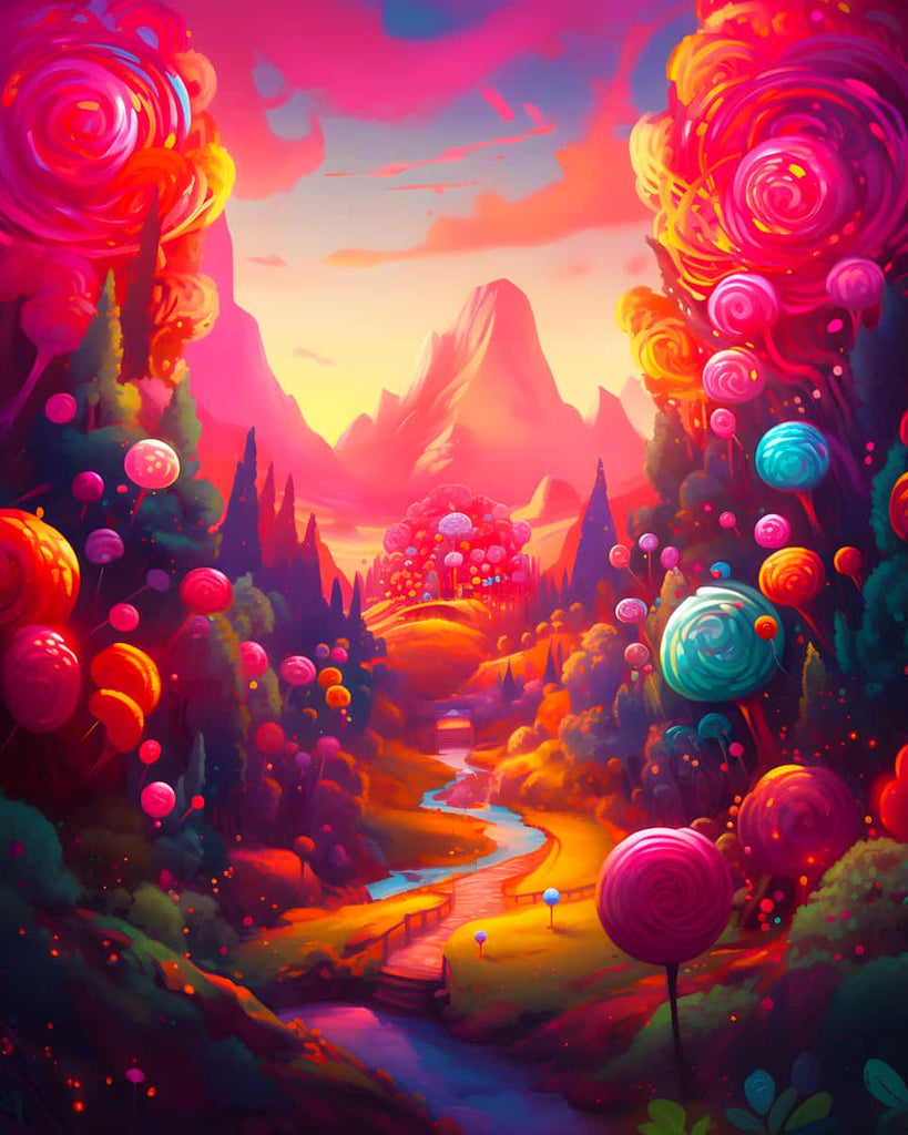 Colorful fantasy landscape painting with vibrant lollipop trees, a winding path, and distant mountains at sunset