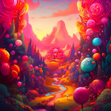 Colorful lollipop-themed diamond painting with vibrant landscape and mountains in the background.