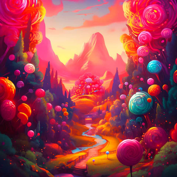 Colorful lollipop-themed diamond painting with vibrant landscape and mountains in the background.