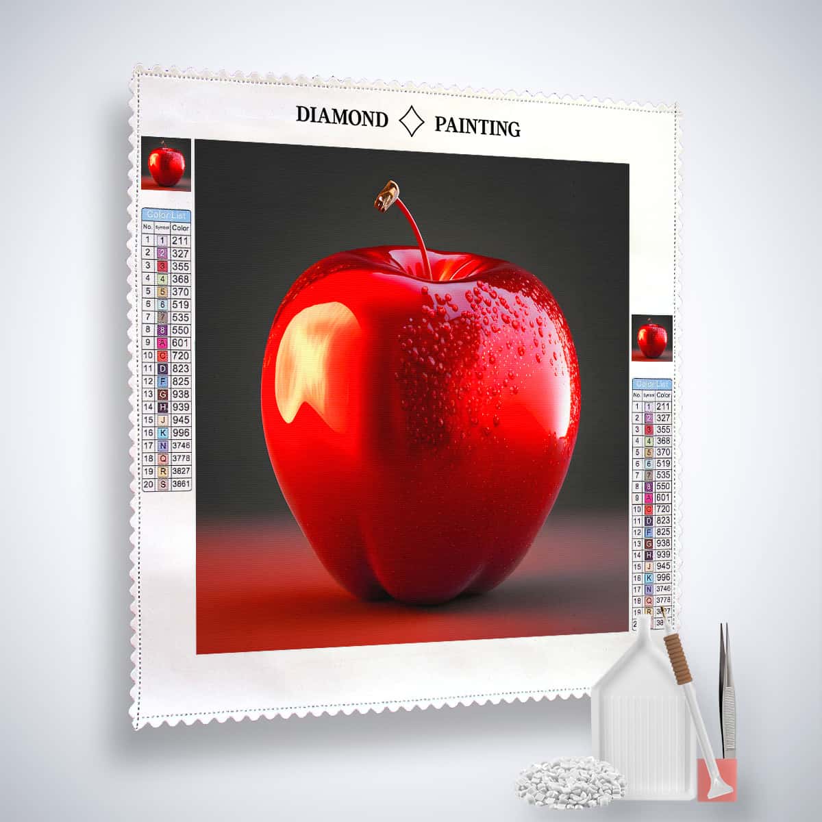 AB Diamond Painting Kit - Glänzender Apfel Motiv mit Profi-Leinwand, Acryl Diamonds, Setzstift und Künstler-Pinzette enthalten.