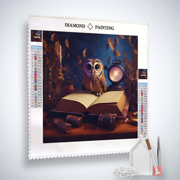 Diamond Painting Kit - Eule mit Buch und Uhr, komplett mit Leinwand, Acryl Diamonds, Pinzette, Profi Setzstift, und Flächensetzer.