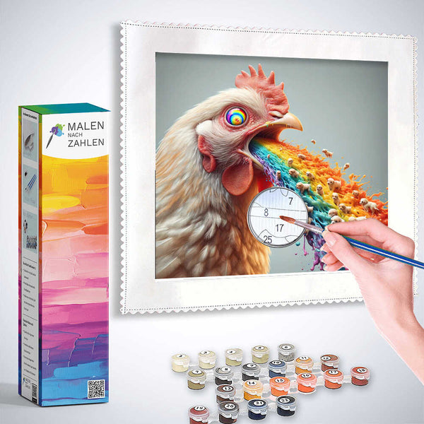Paint by Numbers kit featuring a colorful, abstract chicken artwork with vivid rainbow colors, enhancing creativity and relaxation.