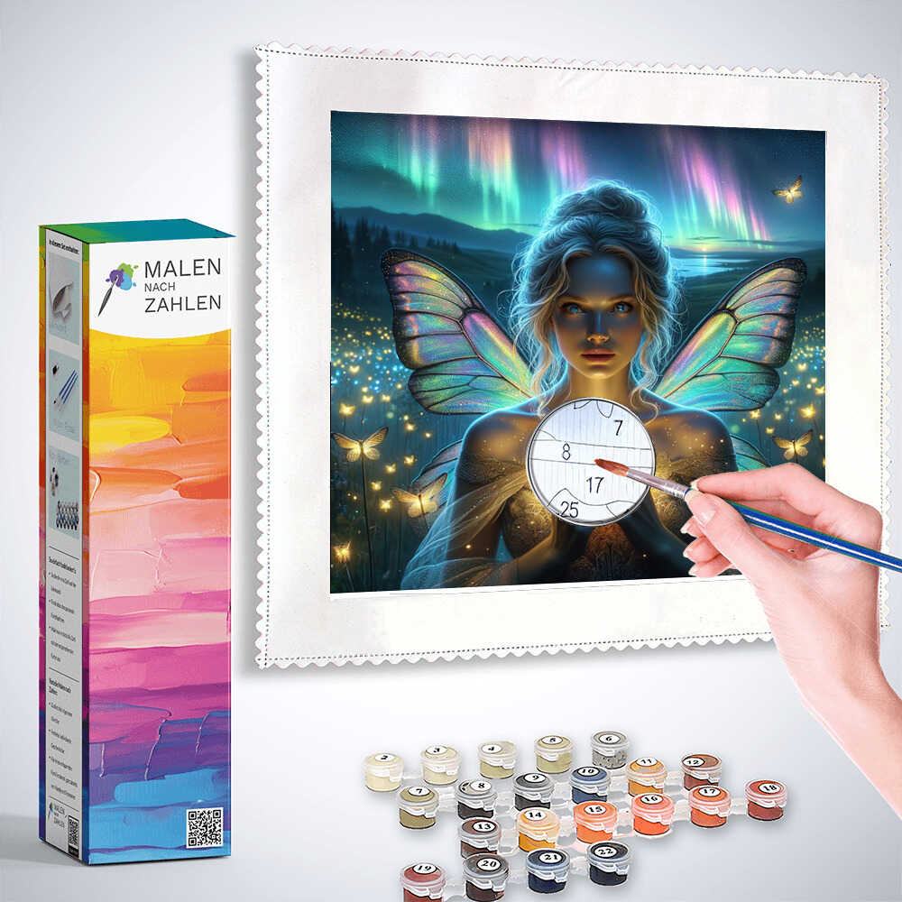 Malen nach Zahlen Kit - Flüstern der Nachtfeen, mystical fairy painting in progress with included paints and brushes in calming colors.
