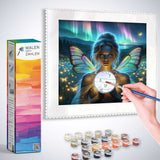 Malen nach Zahlen Kit - Flüstern der Nachtfeen, mystical fairy painting in progress with included paints and brushes in calming colors.