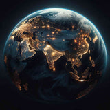 Leuchtender Planet bei Nacht, mit goldenen Lichtpunkten, die die Kontinente erleuchten, symbolisieren die belebten Pfade der Zivilisation