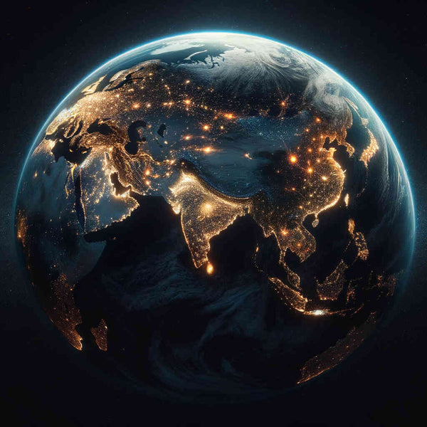Leuchtender Planet bei Nacht, mit goldenen Lichtpunkten, die die Kontinente erleuchten, symbolisieren die belebten Pfade der Zivilisation