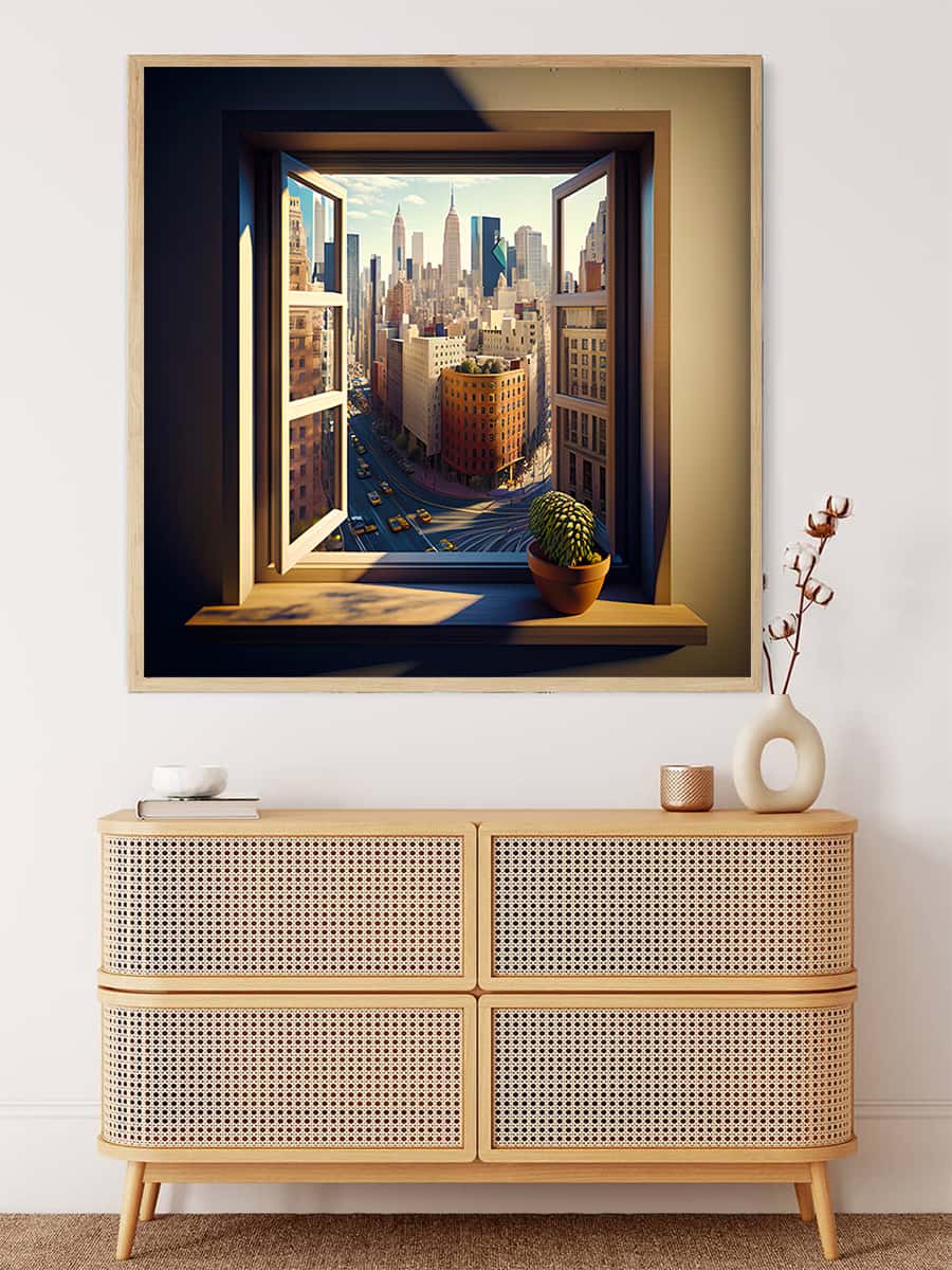 "Malen nach Zahlen - Fenster zur Stadt Painting Above Modern Cabinet - City View Through Window Artwork"