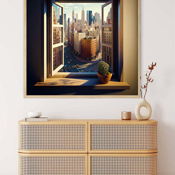 "Malen nach Zahlen - Fenster zur Stadt Painting Above Modern Cabinet - City View Through Window Artwork"