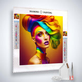 Diamond Painting Kit featuring a woman with rainbow-colored hair, professional canvas, acrylic diamonds, tweezers, and setting tools included