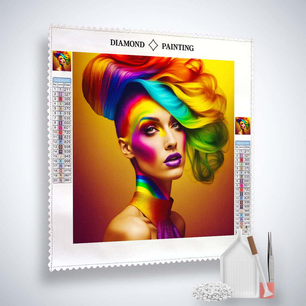 Diamond Painting Kit featuring a woman with rainbow-colored hair, professional canvas, acrylic diamonds, tweezers, and setting tools included