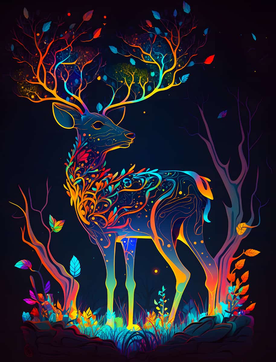 AB Diamond Painting - Glowing Deer showing a vibrant, colorful deer with neon antlers in a dark forest.