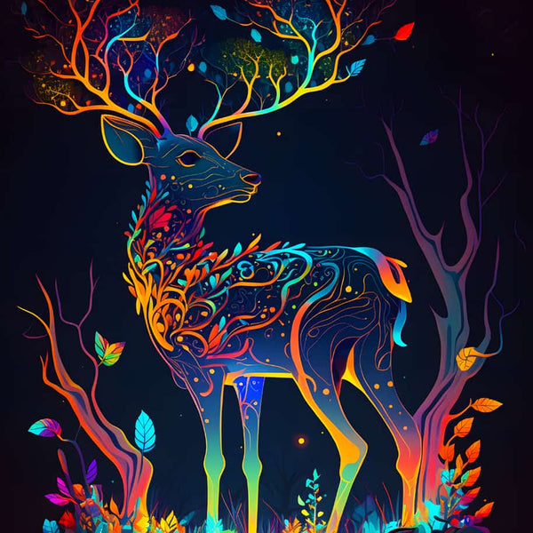 AB Diamond Painting - Glowing Deer showing a vibrant, colorful deer with neon antlers in a dark forest.