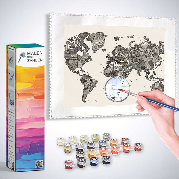 Malen nach Zahlen - Welt der Muster Kit mit stilisierter Weltkarte, Pinsel und Farbbehälter