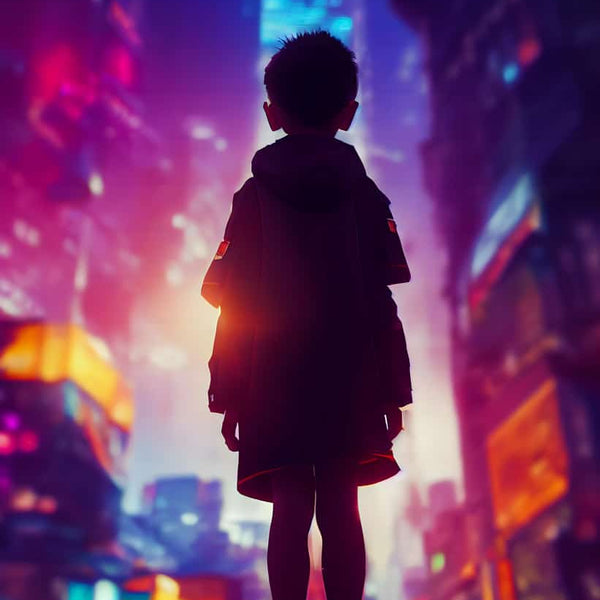 Junge blickt auf eine leuchtende Stadtlandschaft – Diamond Painting Kits Kunst.