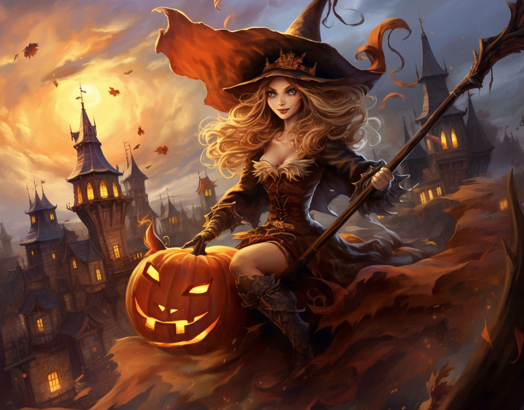 Malen nach Zahlen - Halloween, Hexe reitet auf Besen