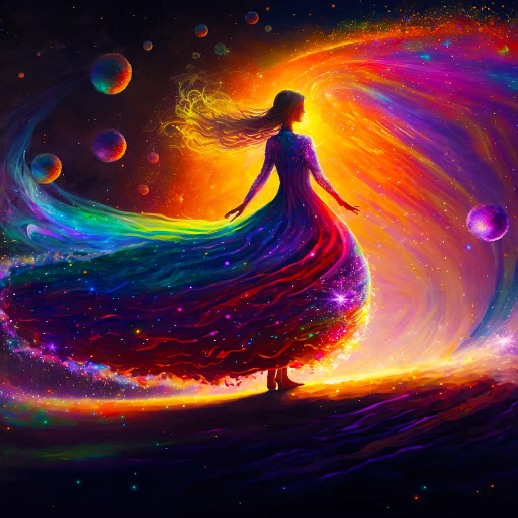 Diamond painting of woman in neon rainbow dress surrounded by colorful cosmic background, planets, and sparkling lights