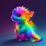 Neon-colored baby dragon art from Diamond Painting Kit, featuring vibrant rainbow hues and sparkling details.