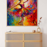 Abstract painting of a dancing ballerina in colorful dress, framed and hung above a wooden dresser with decorative items.
