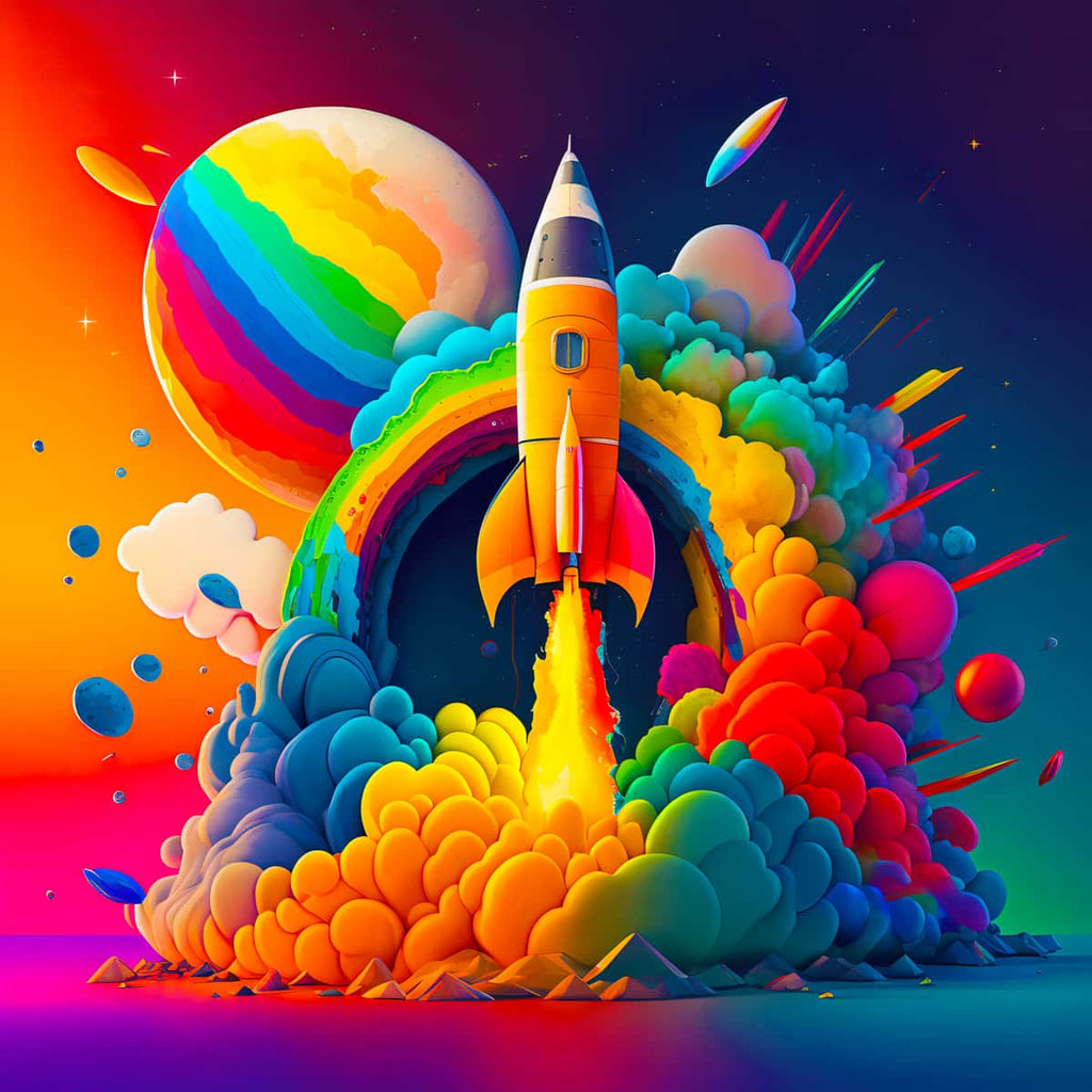 Diamond painting of a neon rocket launching with vibrant colors and abstract space themed background