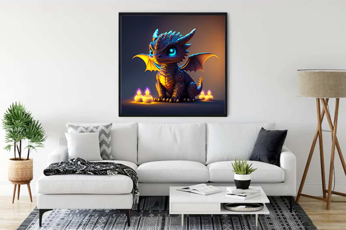 Painting of a cute dragon illuminated by candles, hanging above a modern white sofa in a stylish living room.