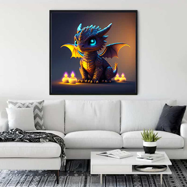 Painting of a cute dragon illuminated by candles, hanging above a modern white sofa in a stylish living room.