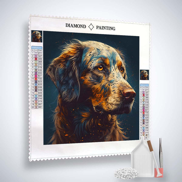 Diamond Painting kit featuring a detailed dog portrait with canvas, acrylic diamonds, artist tweezers, and professional setting pen.