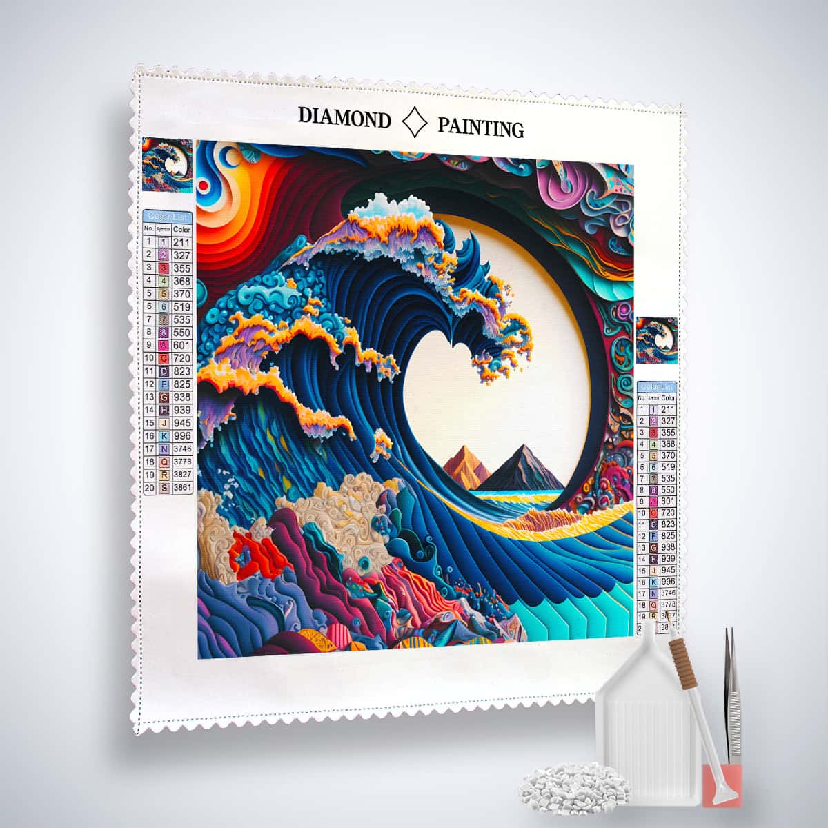 Diamond Painting Kits - Welle Paperart with professional canvas, acrylic diamonds, tweezers, and setzstift tool displayed.