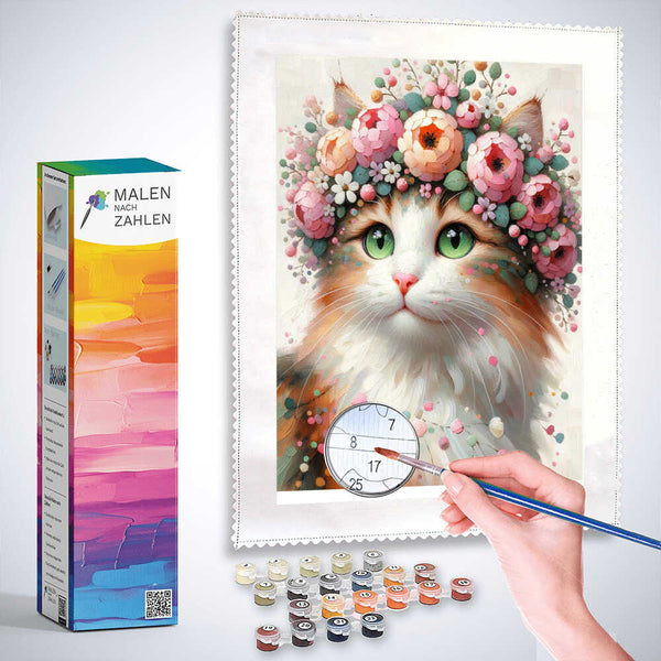 Malen nach Zahlen - Katze mit Blumenkranz