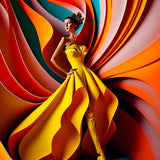 Elegant fashion model in a vibrant yellow dress posing in front of colorful abstract background