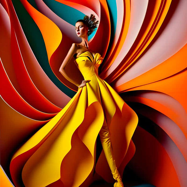 Elegant fashion model in a vibrant yellow dress posing in front of colorful abstract background