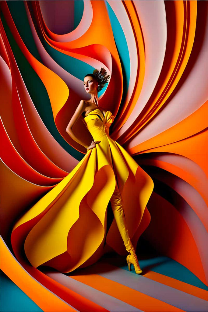 Elegant fashion model in a vibrant yellow dress posing in front of colorful abstract background